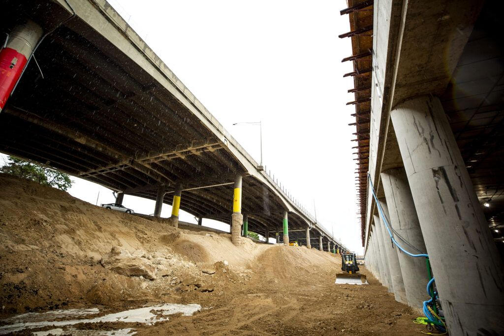 Inside the future, capped section of I-70 that will eventually channel cars below grade through Elyria Swansea. July 28, 2020.