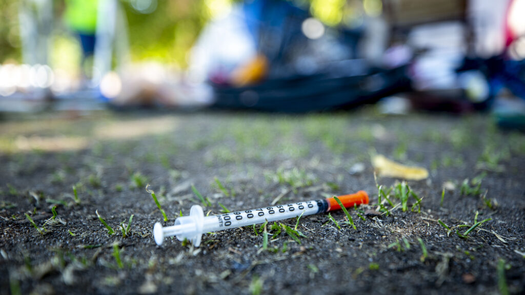 A needle sits on the ground at Lincoln Park as city officials conduct a forced cleanup of encampments there. July 29, 2020.