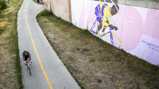 A mural of Major Taylor by Jonathan Pucci on the Cherry Creek Trail by Market Street. July 29, 2020.