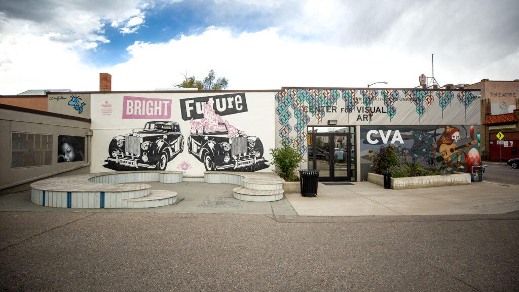 Art by Shepard Fairey, Sandra Fettingis and Jaime Molina on Metro State University's Center for Visual Art on Santa Fe Drive. Aug. 12, 2020.