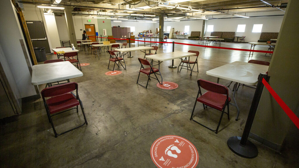 A dining area at Sinton's Sanctuary, the shelter for senior women at the Volunteers of America building on Santa Fe Drive in Denver's Lincoln Park neighborhood. Aug. 14, 2020.