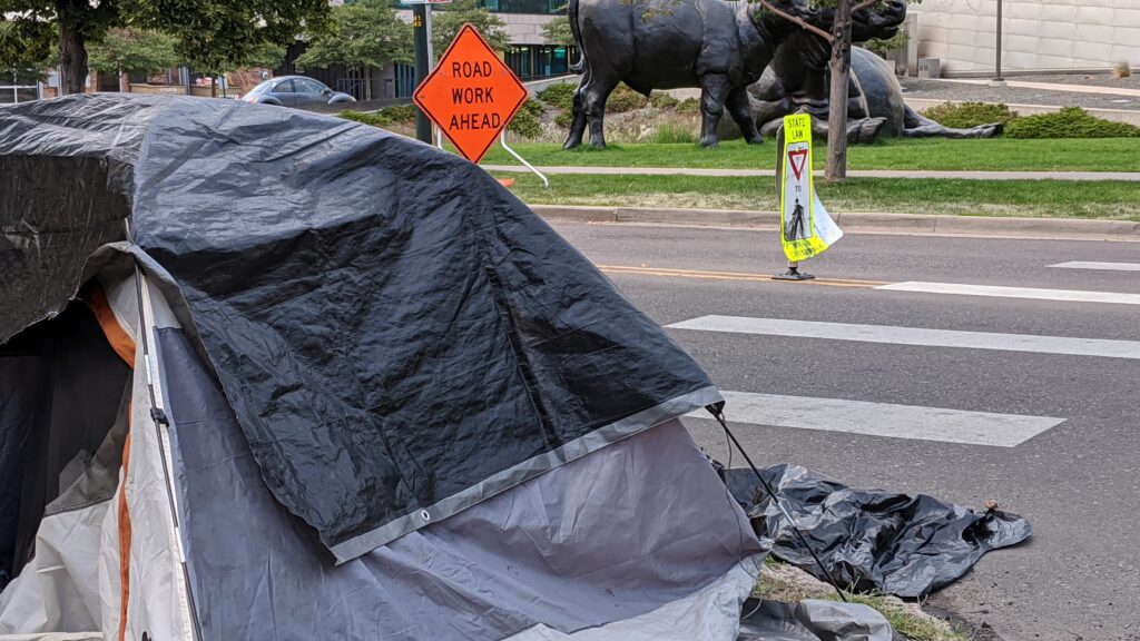 One of about two dozen tents near the Denver Art Museum on Aug. 10, 2020. A cleanup of the area has been scheduled for Aug. 17, 2020. (Donna Bryson/Denverite)