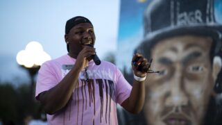DPS school board member Tay Anderson speaks to a crowd that gathered in Sept. 23, 2020, following a Kentucky grand jury's announcement in the Breonna Taylor case.