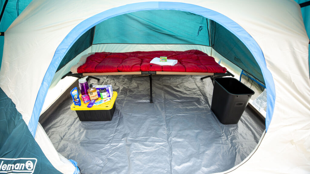A look inside a tent set up at a mock sanctioned campsite in the parking lot of Belong Church in North Capitol Hill. Oct. 2, 2020.