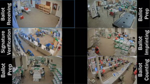 Screengrab of a Denver Elections video feed of people getting ready to verify and count ballots.