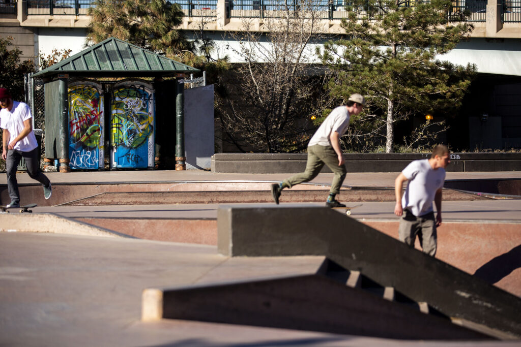 Portable bathrooms at the Denver skatepark on Little Raven Street. Oct. 29, 2020.