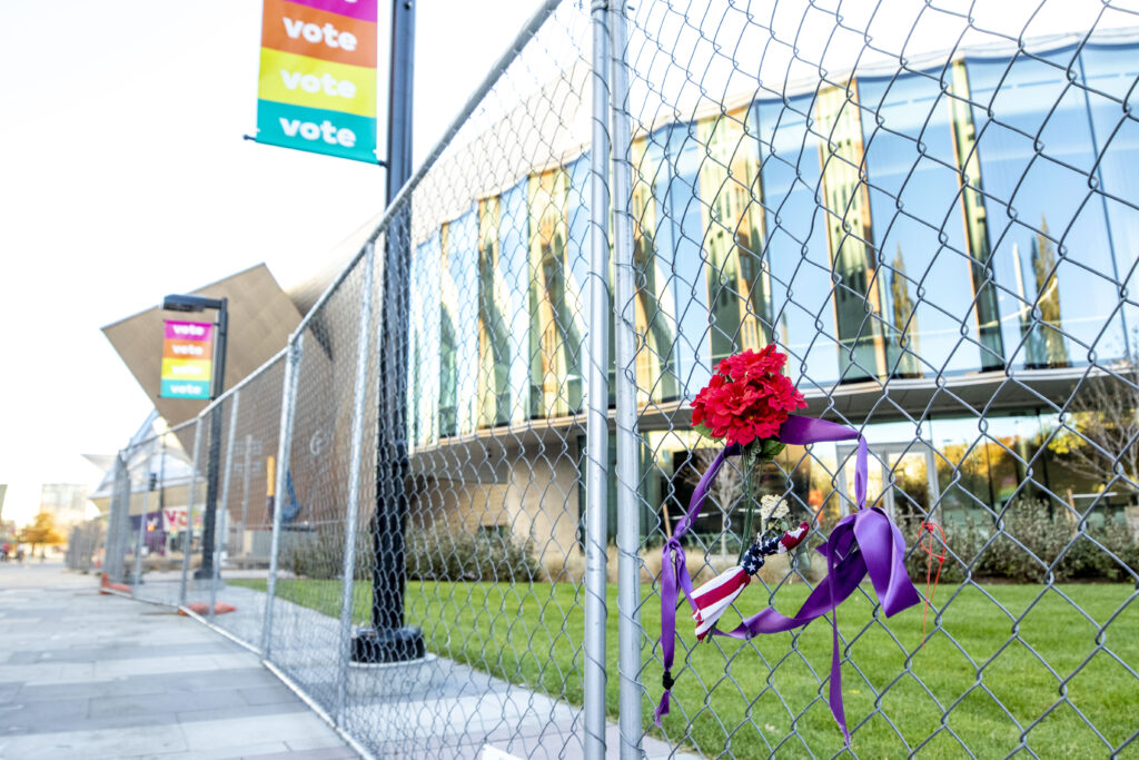 A memorial for Lee Keltner where he was killed between the Denver Art Museum and Denver Public Library. Nov. 3, 2020.