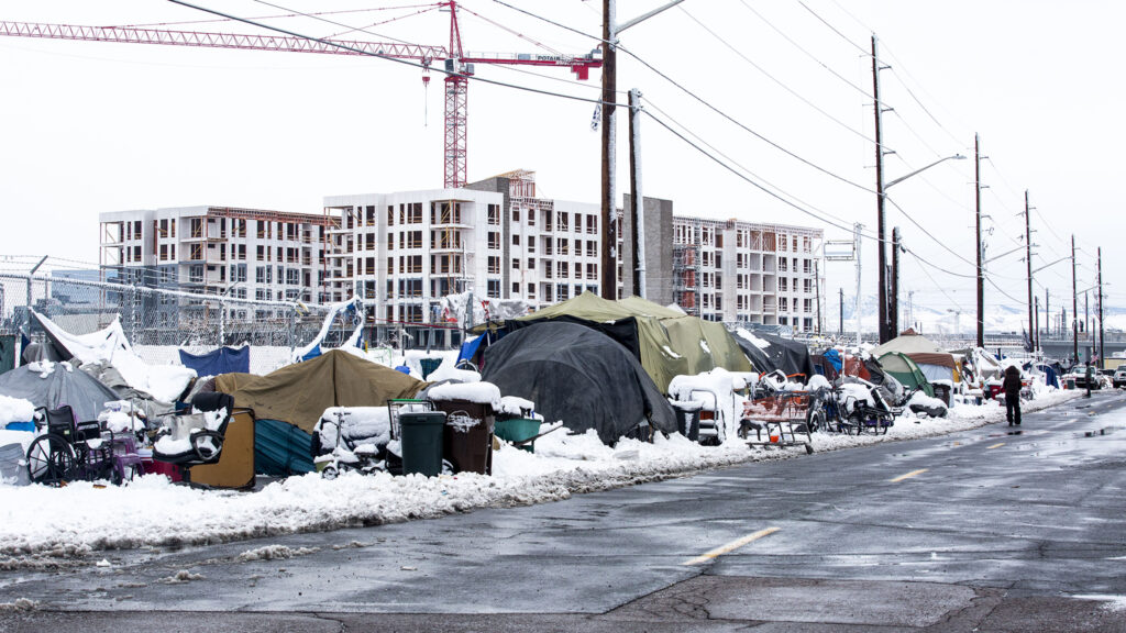 A large encampment of people living without permanent housing on Arkins Court in Five Points, around the corner from the Crossroads shelter. Nov, 24, 2020.