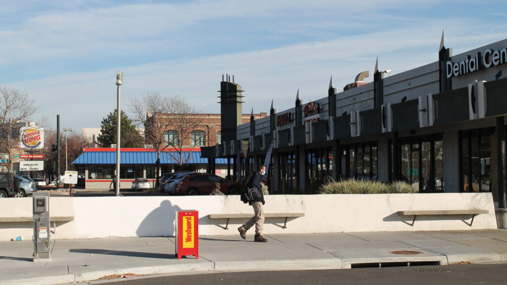 A strip mall and a Burger King on West Colfax Avenue across the street from the Auraria RTD station on November 23, 2020.