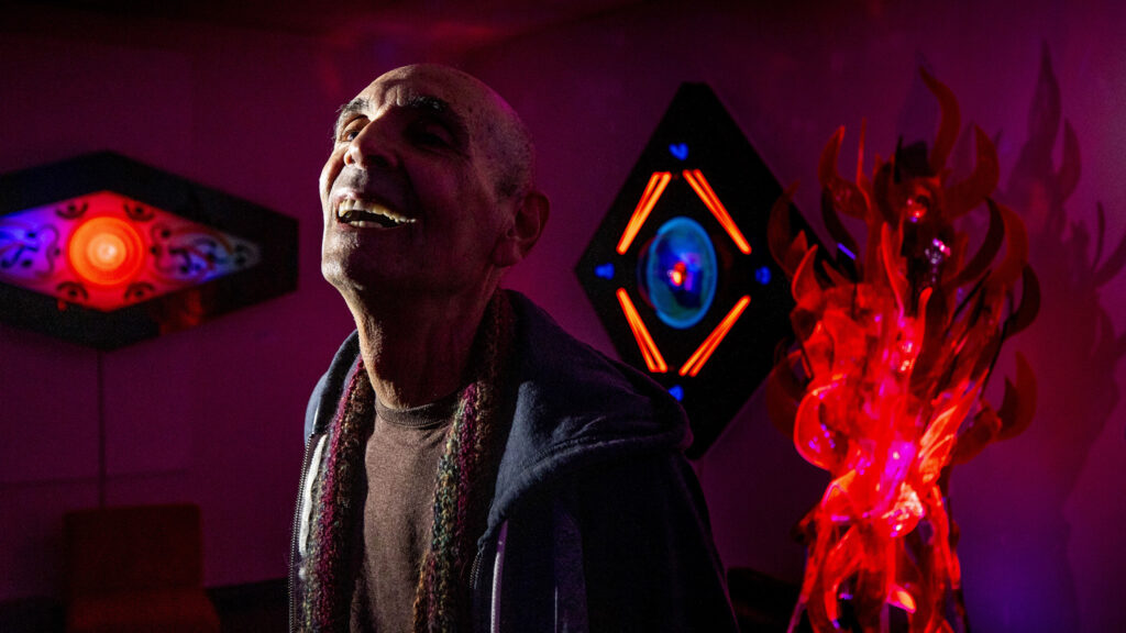 Barry Raphael stands inside Lumonics Light and Sound Gallery in Denver's northern reaches. Dec. 1, 2020.