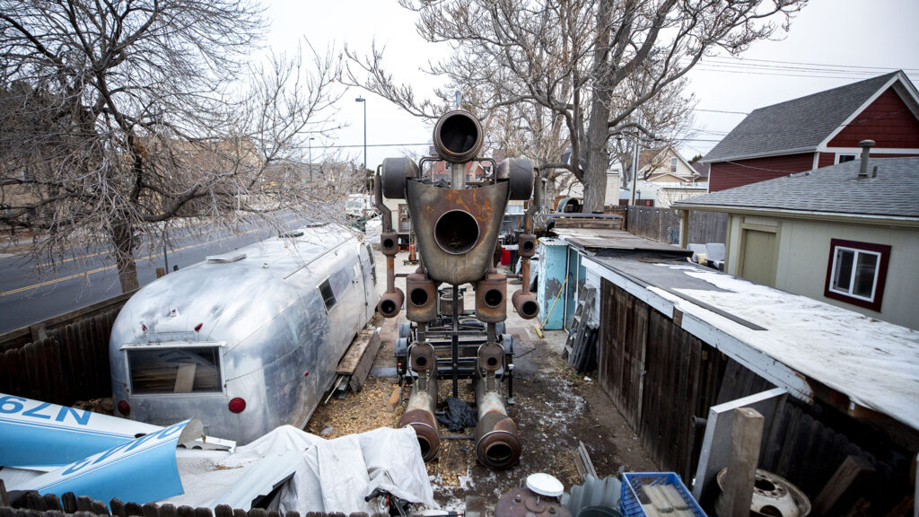 "Big Charles," Shane Evans' fire-breathing sculpture situated in his workshop space on Bruce Randolph Avenue in Cole. Dec. 10, 2020.