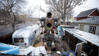 "Big Charles," Shane Evans' fire-breathing sculpture situated in his workshop space on Bruce Randolph Avenue in Cole. Dec. 10, 2020.