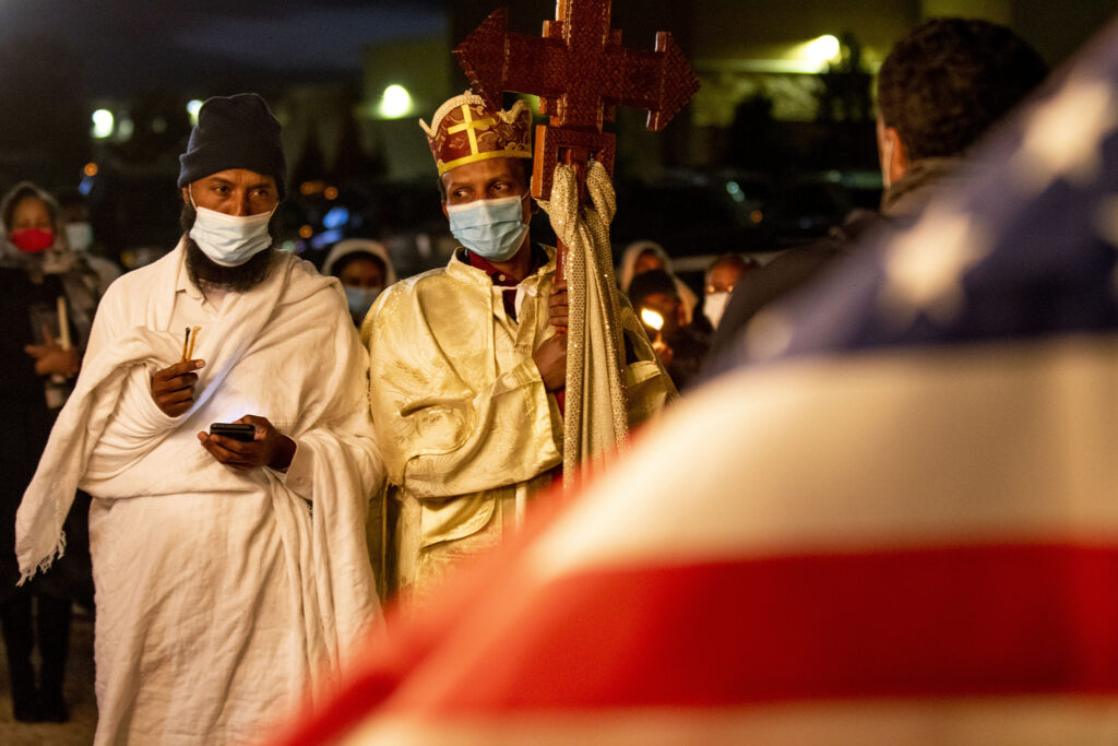 A candlelight vigil for victims of violence in Ethiopia's Tigray region at the Hamere Noah Kidane Ethiopian Orthodox church in Aurora. Jan. 3, 2021.