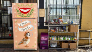 Base Coat salon's little free fridge and food pantry along Walnut Street in Five Points' RiNo art district. Jan. 5, 2020.