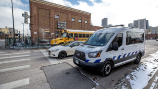 Denver's STAR van drives past the Denver Rescue MIssion at Park Avenue and Lawrence Street. Feb. 12, 2021.