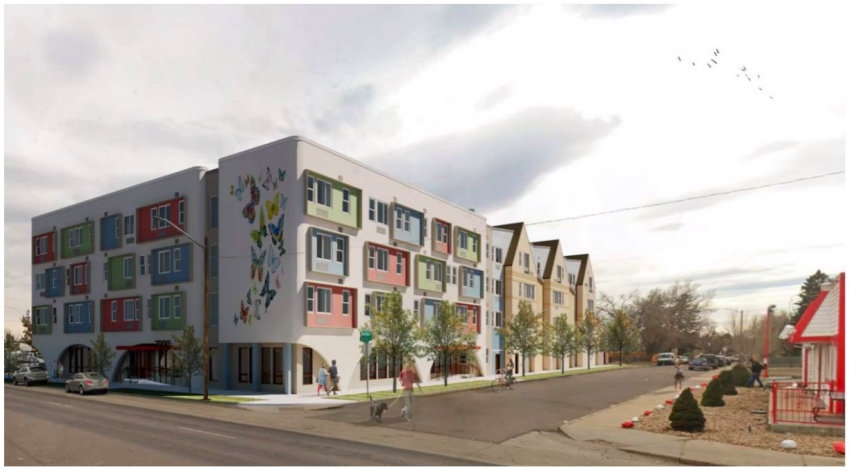 A rendering of a proposed 72-unit housing complex for people experiencing homelessness called Valor on the
Fax.