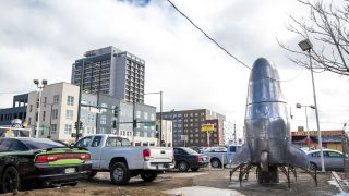 The spacecraft built by Handsome Little Devils at the corner of Raleigh Street and West Colfax Avenue. March 24, 2021.
