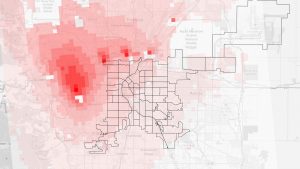 A map of 2019 RSEI risk scores, with population weights removed, in 810-meter squares around the Denver metro.
