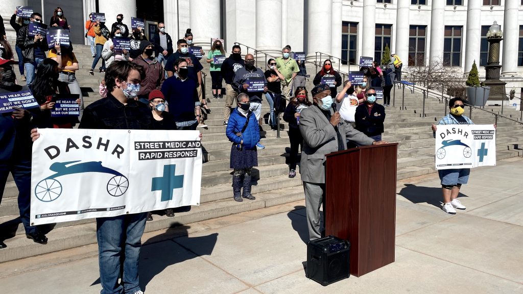 Imam Abdur-Rahim Ali speaks at a press conference at the Denver City and County Building, April 1, 2021.
