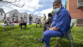 Imam Abdur Rahim Ali works the weekly food giveaway at the Northeast Denver Islamic Center. May 7, 2021.