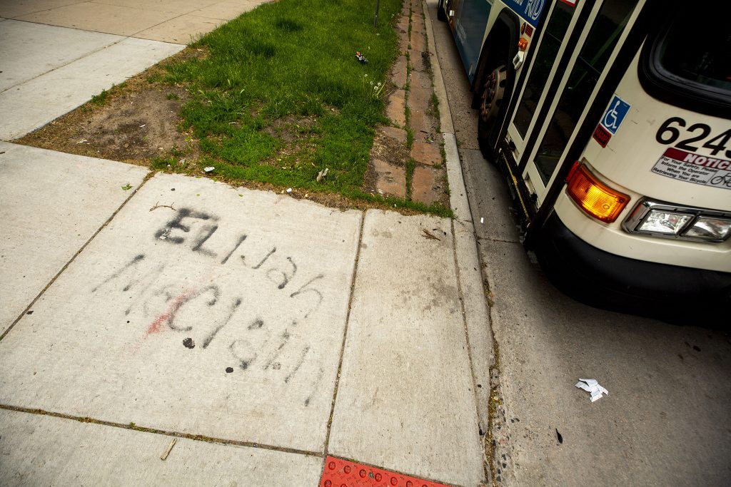 Elijah McClain's name spraypainted on the side of Colfax Avenue by the Colorado State Capitol. May 27, 2021.