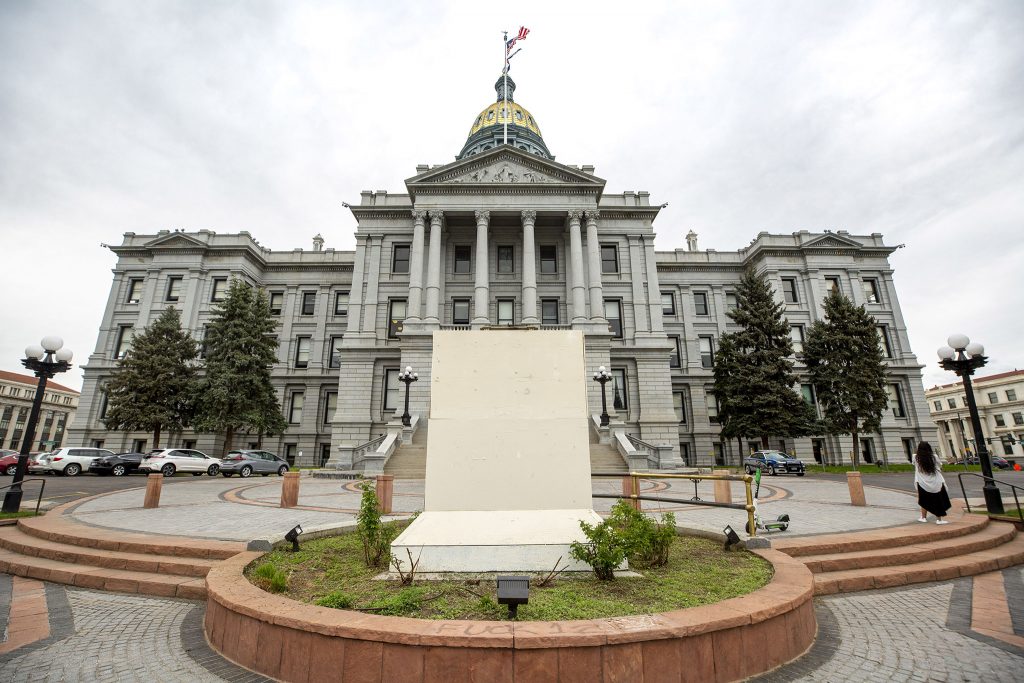 A statue of a Civil War-era soldier no longer stands before the Colorado State Capitol's west steps. May 27, 2021.