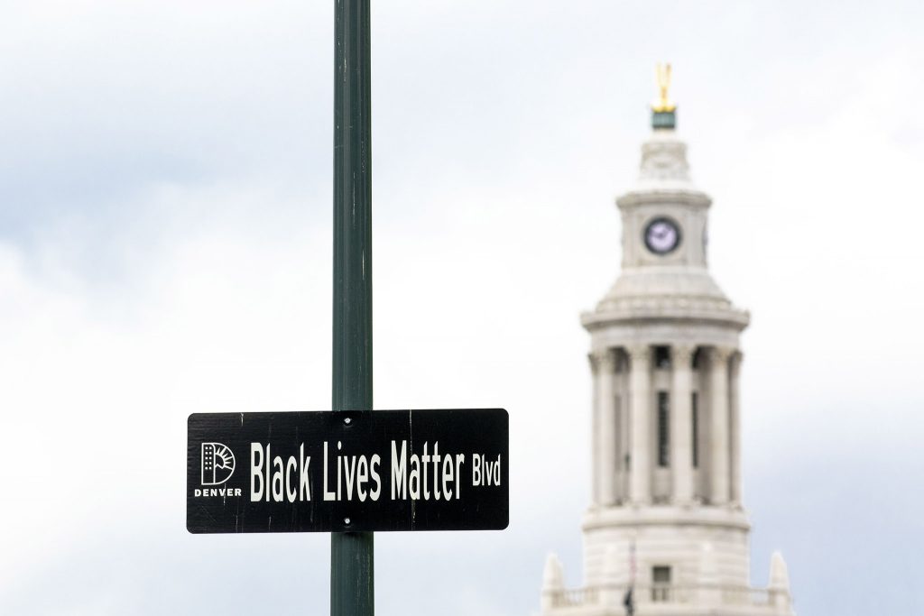 A "Black Lives Matter Blvd" sign posted above Broadway near the State Capitol. May 27, 2021.