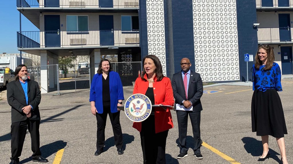 U.S. Rep. Diana DeGette speaks in Denver on Thursday, May, 6, 2021, during an announcement on funding for a hotel to provide housing for people experiencing homelessness. Photo courtesy of Congresswoman DeGette's office.