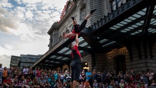 An acrobatic performance at Union Station Buskerfest.