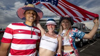 Devaughn Dix (left to right), Zoie Holloway and Kate Olson tailgate before the U.S. and Mexico national teams face off in the CONCACAF Nations League finals at Mile High Stadium. June 6, 2021.