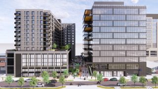 A rendering of the residential and office buildings that will be phase 1 of Hurley Place. (Courtesy of Semple Brown)