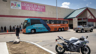 A mobile vaccine clinic sits in parking lot near the intersection of Chambers Road and Colfax Avenue in Aurora. July 23, 2021.
