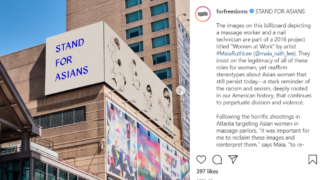 A controversial billboard designed by artist Maia Ruth Lee, as seen on For Freedoms' Instagram.