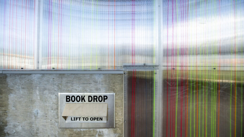 A book drop at the future Denver Public Library branch at the ArtPark Community Hub off Brighton Boulevard. Aug. 19, 2021.