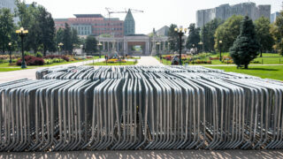 Crews unloaded barricades in Denver’s Civic Center Park on Tuesday, September 7, 2021.