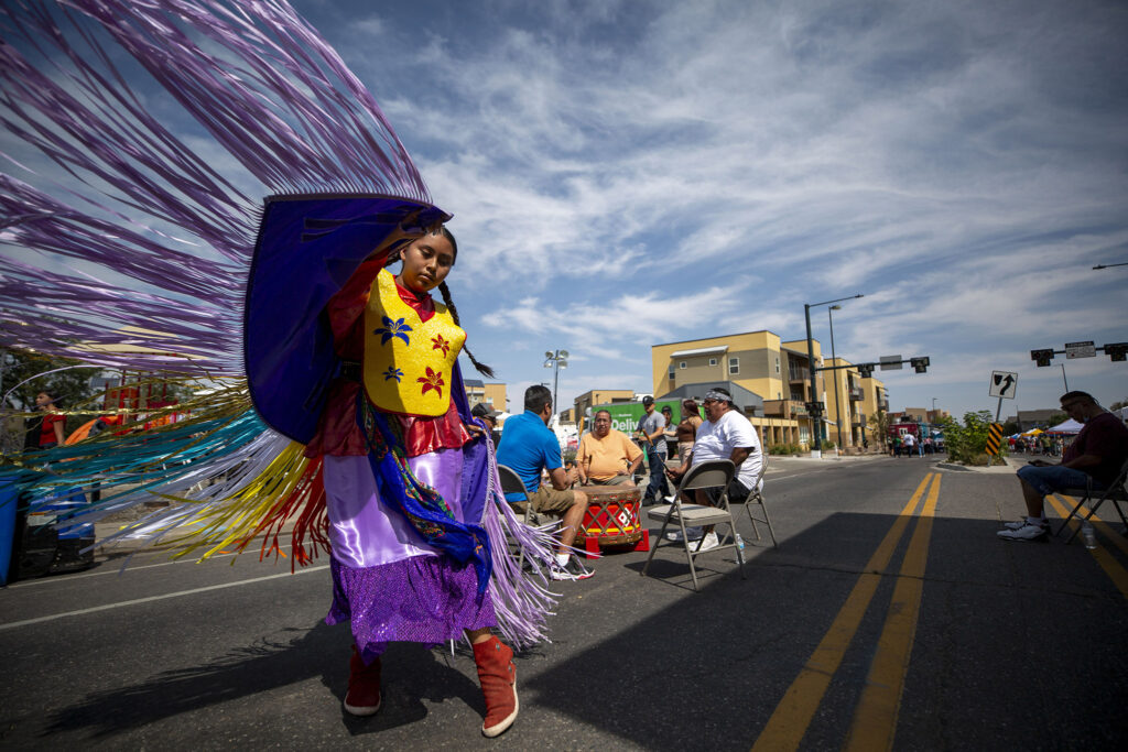 Meadow Yellow Hawk dances on Morrison Road to open the Westwood Chile Fest on Sept. 11, 2021.