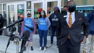 Denver school board member Tay Anderson outside Denver Public School headquarters on Friday, Sept. 17, 2021. (Esteban L. Hernandez/Denverite)