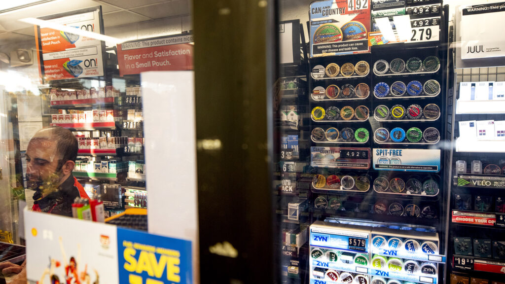 Flavored tobacco for sale at a Sheridan Boulevard gas station. Oct. 27, 2021.