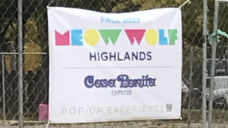A sign advertising a fake Meow Wolf Casa Bonita collaboration at 38th and Irving. October 26, 2021.