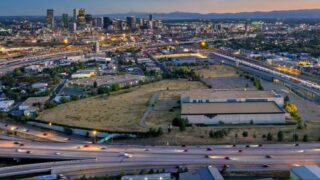 An overhead view of the Fox Park urban redevelopment area, with the former Denver Post printing facility on the bottom right. (Source: Denver Department of Finance )