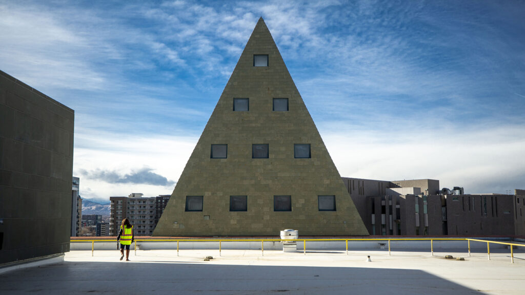 The top of the "pencil" from atop Denver Public Library's central library. Dec. 23, 2021.