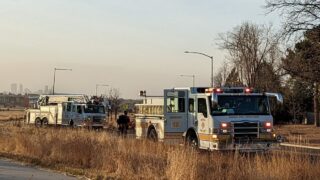 Denver Fire Department crews on scene of a grass fire in the Lowry neighborhood on Dec. 5, 2021. (Courtesy of Denver Fire)