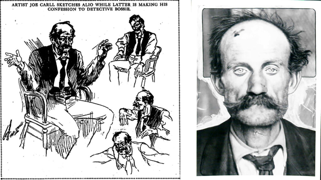 A courtroom sketch from a Feb. 1908 edition of the Rocky Mountain News and a portrait of Giuseppe Alia from 1908.