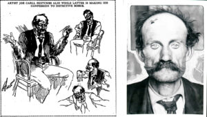 A courtroom sketch from a Feb. 1908 edition of the Rocky Mountain News and a portrait of Giuseppe Alia from 1908.