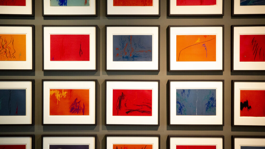 Art on the wall in the Clyfford Still, Art and the Young Mind exhibition at the Clyfford Still museum. March 12, 2022.