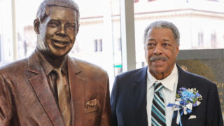 Former Denver Mayor Wellington Webb at the dedication and unveiling of a statue of Webb, in the building that already bears his name, on March 6, 2022.