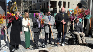 From left: Laura Aldrete, executive director of Community Planning and Development, Kourtny Garrett, CEO of the Downtown Denver Partnership, Mayor Michael B. Hancock, Fred Worthen the Assistant General Manager for Bus Operations of RTD, Adam Phipps, the Executive Director of the Department of Transportation & Infrastructure and Councilmember Chris Hinds.