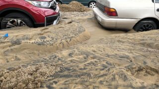 Mud caked the street after flood waters were pumped out by the city.