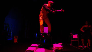 Miriam Suzanne (left) and Josie Cool rehearse "Pity + Fear" at Buntport Theater in La Alma/Lincoln Park. May 12, 2022.
