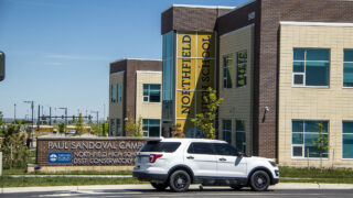 Denver Police surround Northfield High School in Central Park. May 26, 2022.